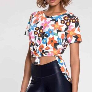 Rio Yoga Garden Tee Floral Art Multicolor Short Sleeve Top Size XS NWT